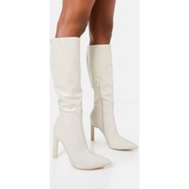 Unite Ecru Croc Pointed Toe Knee High Block Heeled Boots - neutral