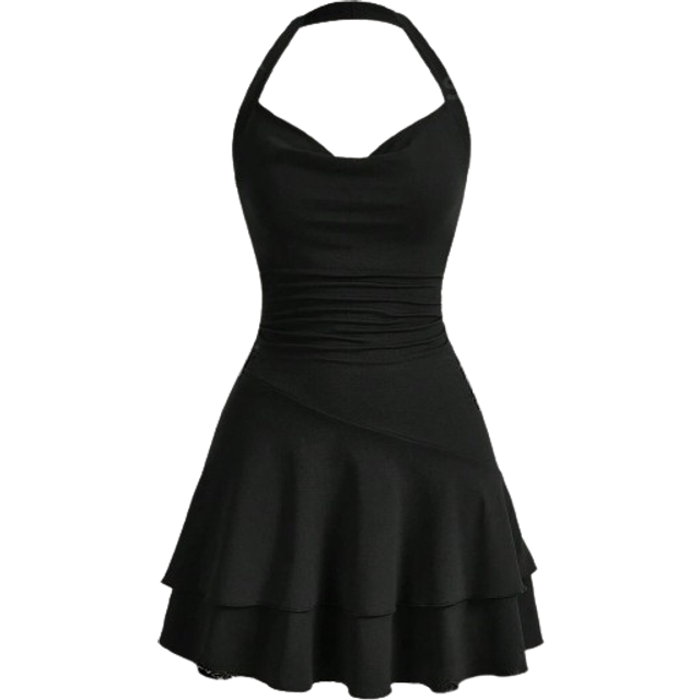 SHEIN Draped Collar Solid Ruched Layered Ruffle Hem Halter Neck Black Mini Dress,Summer Dresses For Women,Tea Party Dress