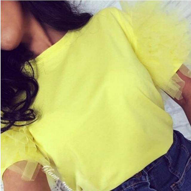 (L, Yellow) Women Summer  Mesh Patchwork Elegant Blouse Tulle Ruffle High Street Club Casual Blouse Top