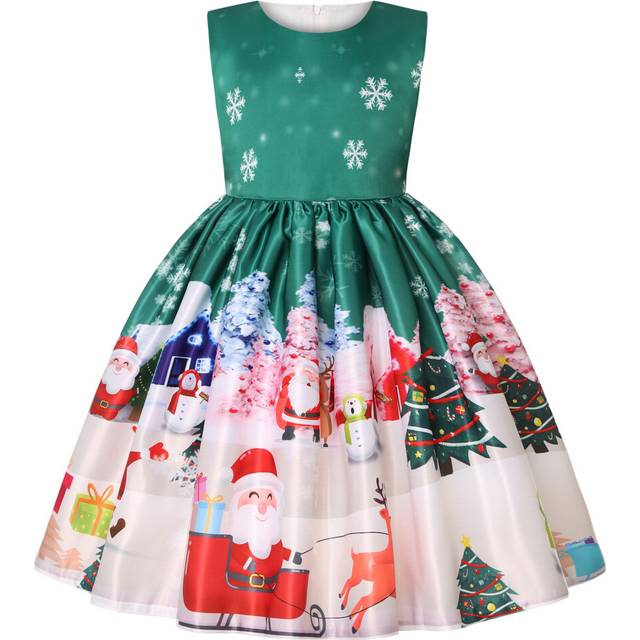 (Green, 4-5Years) Kids Girls Santa Claus snowflakes dress Christmas