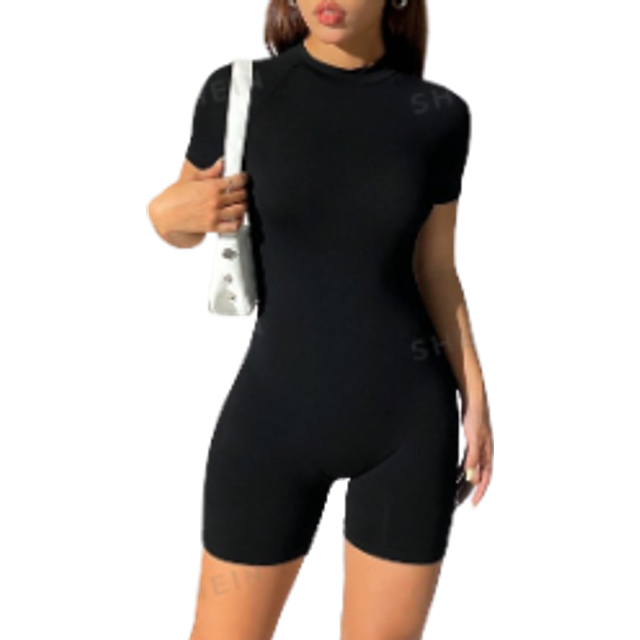 Enfärgad åtsittande Jumpsuit Unitard med raglanärm - Svart (Petite XXS,Petite XS,Petite S,Petite M,Petite L)