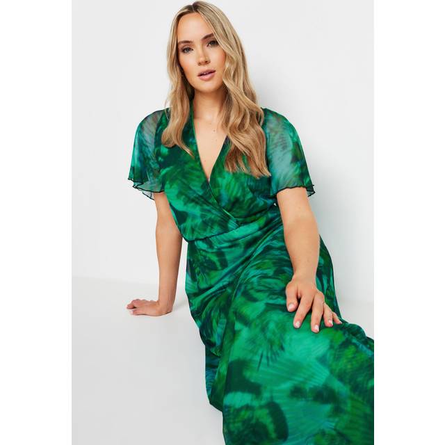 Lts Tall Green Palm Print Mesh Wrap Maxi Dress 8 Lts | Tall Women's Maxi Dresses