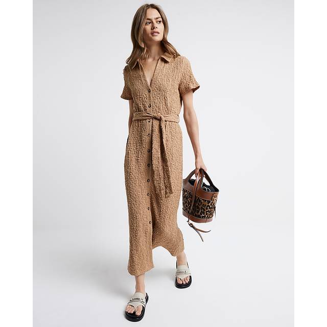 River Island Womens Beige Textured Belted Midi Shirt Dress - 16