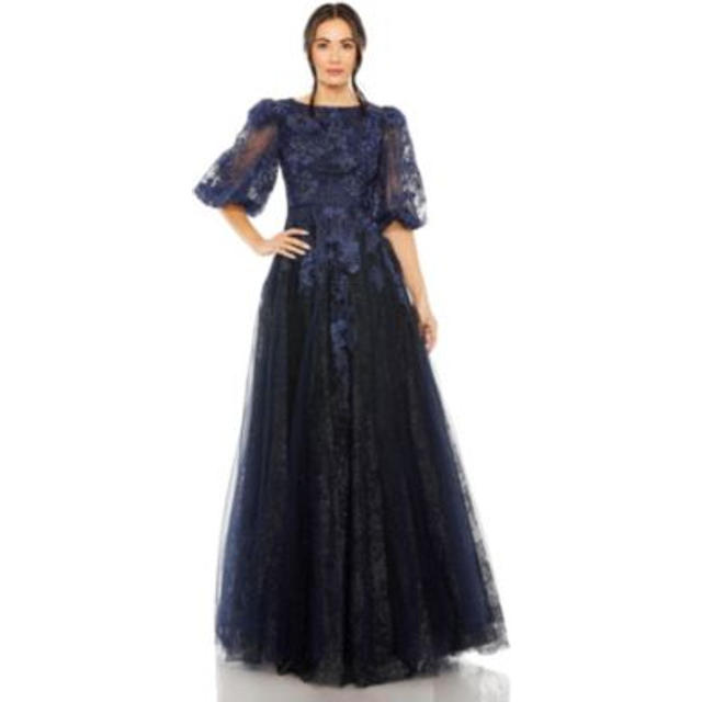 Mac Duggal High-Neck Puff Sleeve A-Line Gown