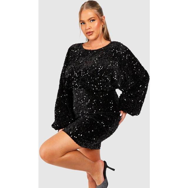 Womens Plus Oversized Blouson Sleeve Sequin Mini Dress - Black - 28, Black
