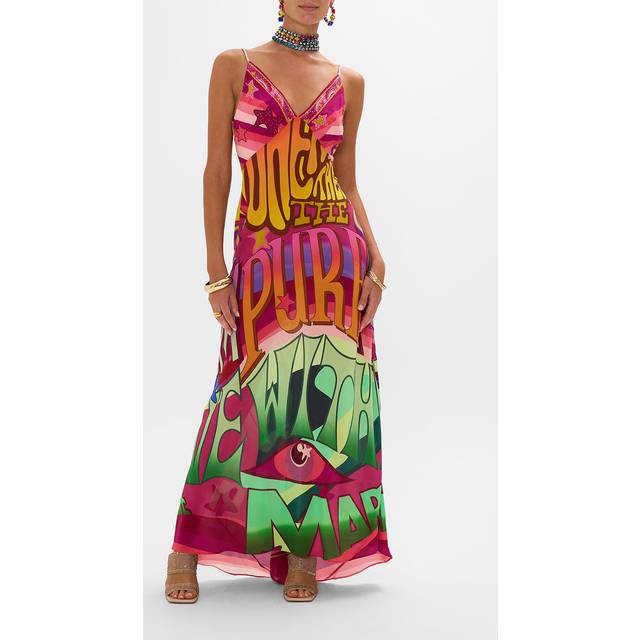 V Neck Long Bias Slip Dress with Train Pure Prism, XL