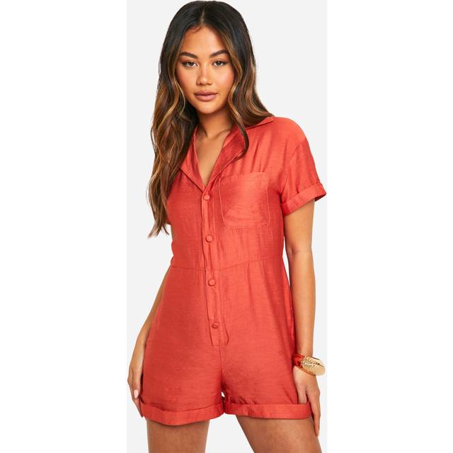Womens Textured Linen Look Button Through Playsuit - Orange - 8, Orange