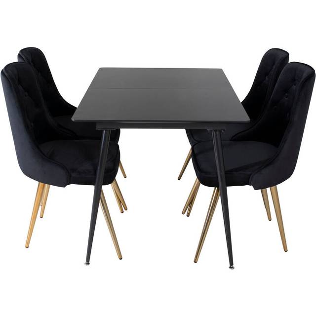 SilarBLExt matgrupp matbord utdragbart bord längd cm 120 / 160 svart och 4 Velvet Deluxe matstola velour svart, mässing dekor.