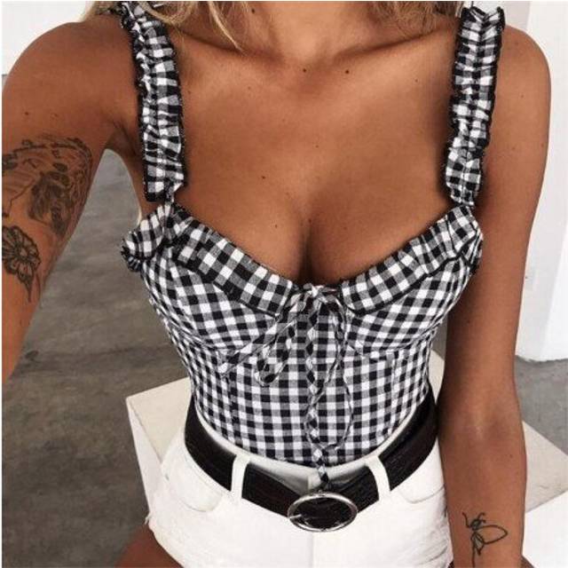 (XL, As photo shows 3) Sexy Women Blouse Fashion Plaid Crop Top Ruffle Sleeveless Ladies Tops Womens Shirt Tops And Blouses Casual Female Blouses Top