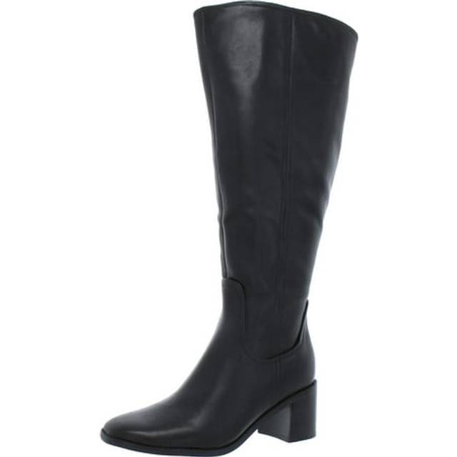 27 EDIT Edda Wide Calf Knee High Boots, Black Leather, 7.0M Block Heels, Zip Closure, Rubber Outsole