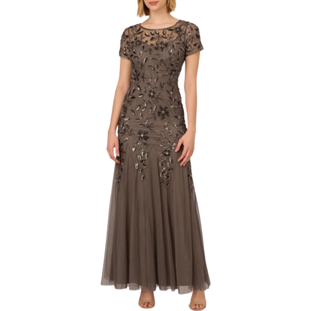 Hand Beaded Short Sleeve Floral Godet Gown In Lead - 0