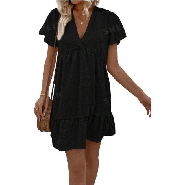 EMERY ROSE Women&#39;s Solid Color V-Neck Ruffled Hem Dress