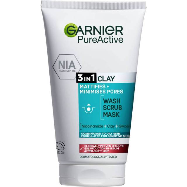Garnier Pure Active 3-in-1 Clay Mask Scrub Wash Oily Skin 150ml