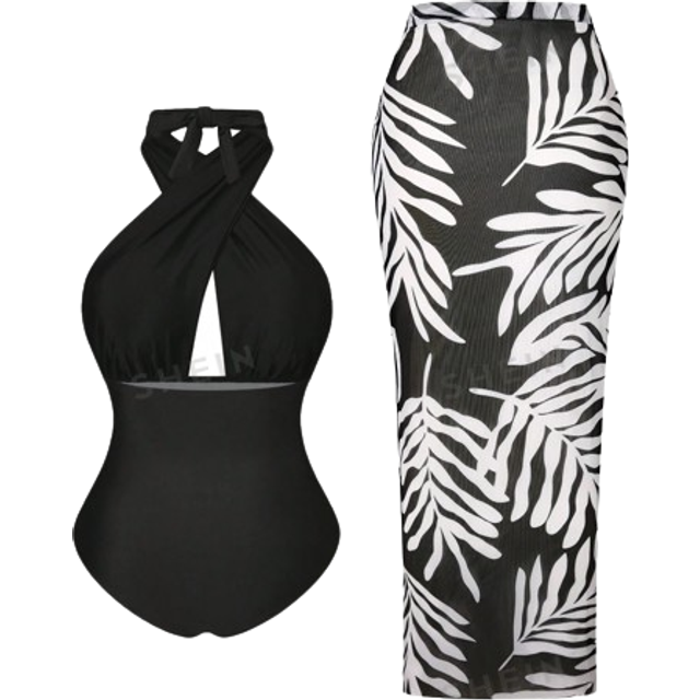 Swim Oasis Plus Size Solid Color Halter One-Piece Swimsuit With Printed Tie-Waist Swim Skirt 2pcs/Set Summer