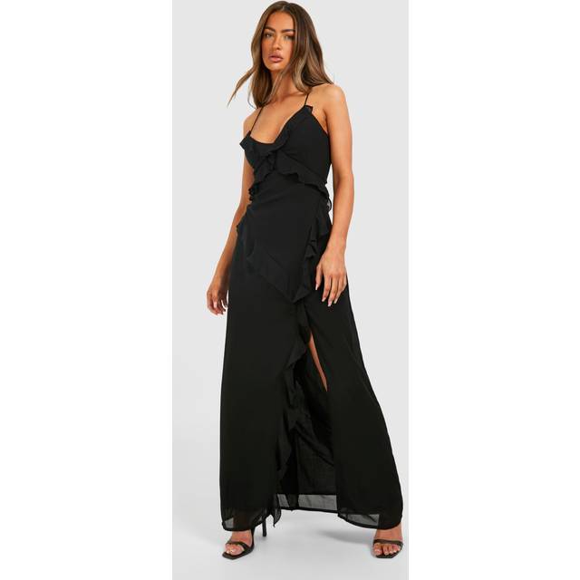 Womens Chiffon Ruffle Maxi Dress - Black - 16