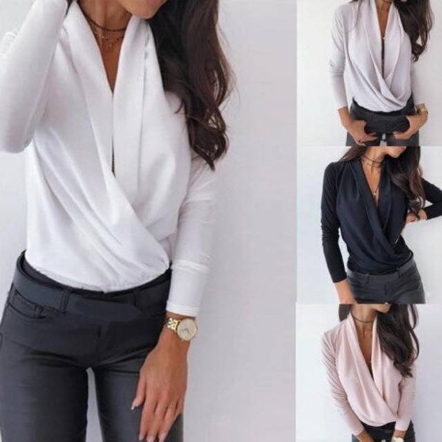 (S, Light gray) Women Deep V-Neck Ruched Casual Blouse Shirt Long Sleeve Solid Ladies Pullover Shirts 2020 Spring Fashion Sexy Female Clothes