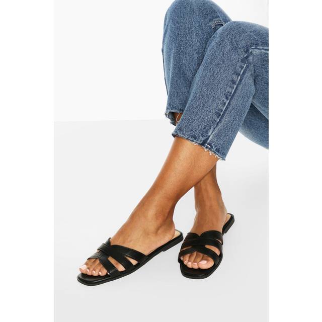 Womens Wide Fit Cross Strap Sliders - Black - 6, Black