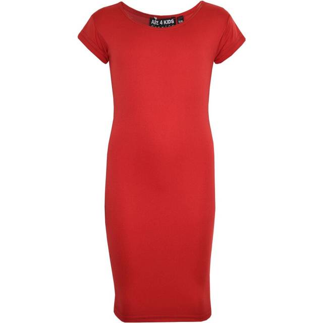 (11-12 Years, Red) Gilrs Midi Dress Kids 100% Polyester Plain Bodycon Fashion Dresses Age 5-13 Year