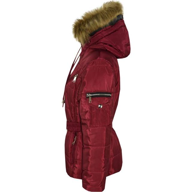 (11-12 Years, Wine) Kids Girls Jacket Puffer Hooded Faux Fur Padded Zipped Belted Slim Fit Warm Coat