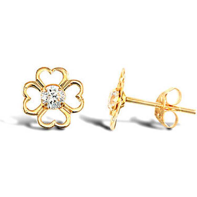 Jewelco London Ladies 9ct Yellow Gold White Round Brilliant Cubic Zirconia Love Heart Flower Petal Stud Earrings - JES294