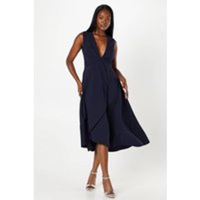 Twist Front Wrap Skirt Crepe Midi Wedding Guest Dress - Navy - 8