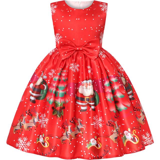 (Red02, 3-4Years) Kids Girls Santa Claus snowflakes dress Christmas