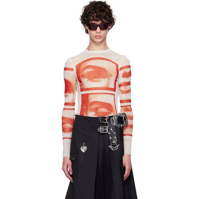 Jean Paul Gaultier White & Red 'The Eyes And Lips' Long Sleeve T-Shirt - 013014-WHITE/RED/LIG - XXS