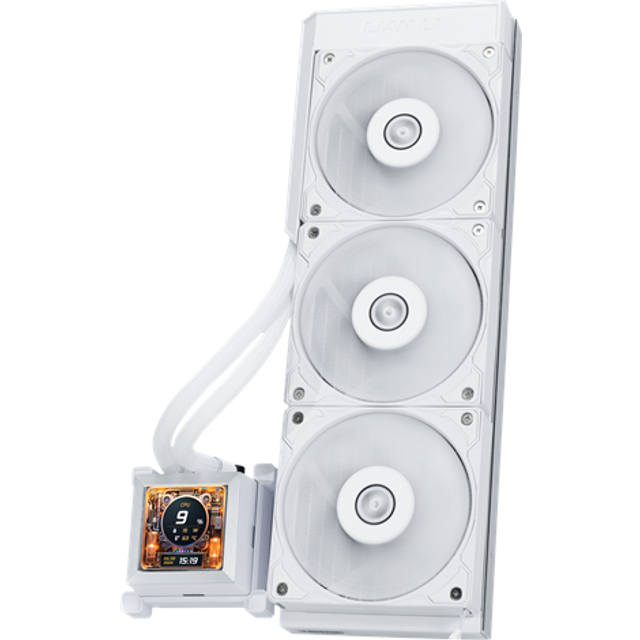 Lian Li Hydroshift 360 AIO – förinstallerade 3 x 28 mm fläktar – sidomonterad kylvätskeväg – 2,9 tums LCD-skärm – 480 × 480 upplösning – infångade skärmdumpar eller inspelade videor – vit (HSLCD36SW)