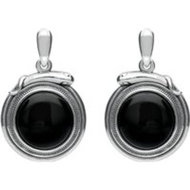 Sterling Silver Whitby Jet Small Round Snake Edge Drop Earrings - Silver