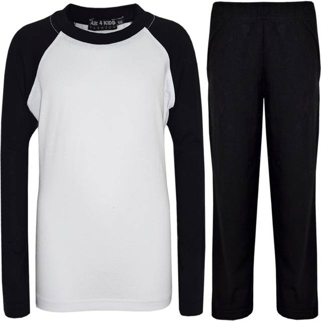 (7-8 Years) Kids Girls Boys Pyjamas Designer Plain Black Contrast Sleeves Nightwear PJS 2-13