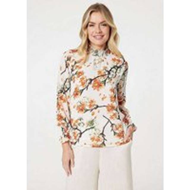 Izabel London Orange & White Floral Shirred High Neck Blouse - Orange Floral