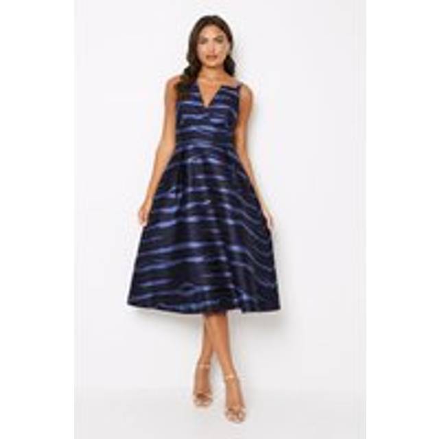 Notch Neck Stripe Jacquard Midi Wedding Guest Dress - Navy - 8