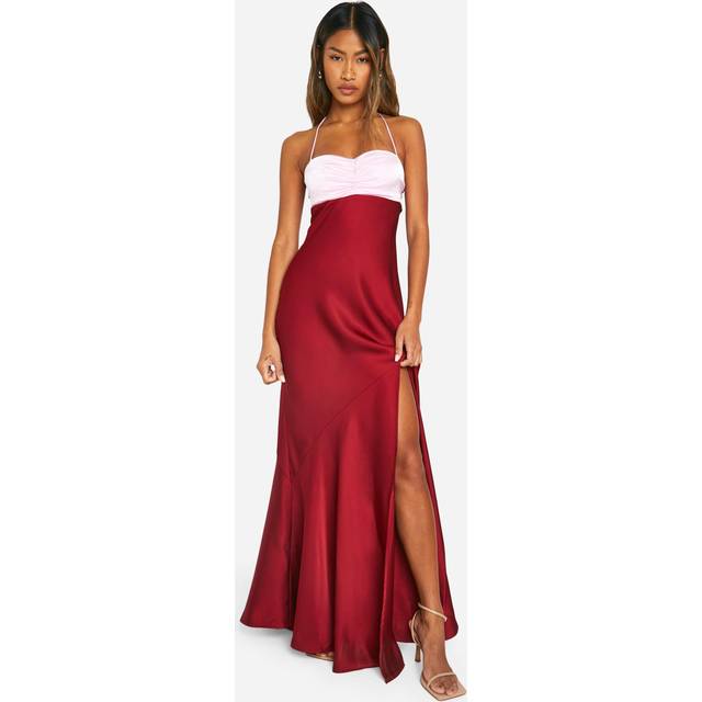 Womens Contrast Satin Maxi Dress - Red - 18