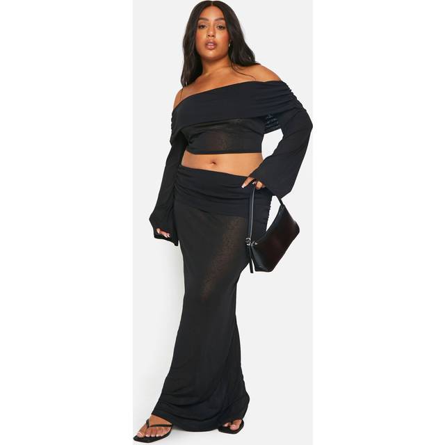 Womens Plus Textured Off Shoulder Top & Maxi Skirt Co Ord - Black - 26