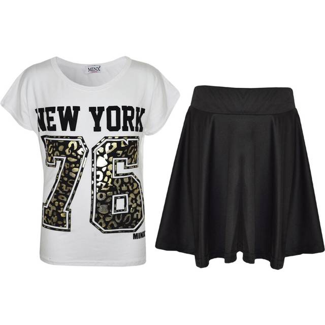 (7-8 Years, New York 76 White Crop Top & Skirt Set) Kids Girls Comic Graffiti Leopard #SELFIE Crop Top & Fashion Skater Skirt Set