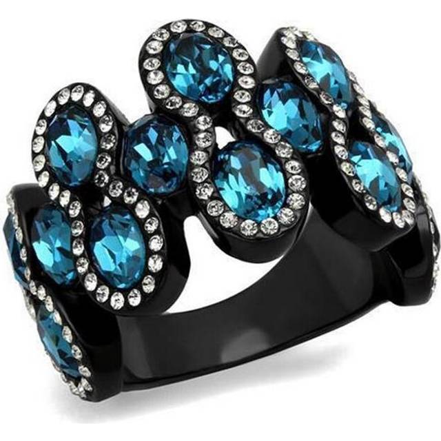 IP Black Ion Plating Stainless Steel Ring with Top Grade Crystal, Aquamarine - Size 5