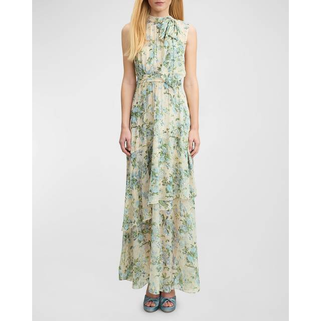 Lk Bennett Womens Mul-cream Robyn Neon-print Tie-neck Silk Maxi Dress 20 - MUL-CREAM