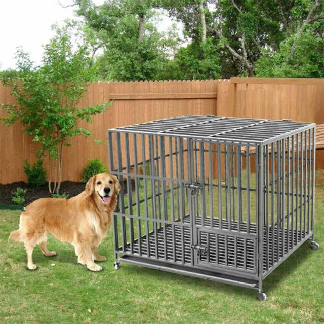 Dog cage thicken steel crates kennel for large dogs double door wheeled carrier
