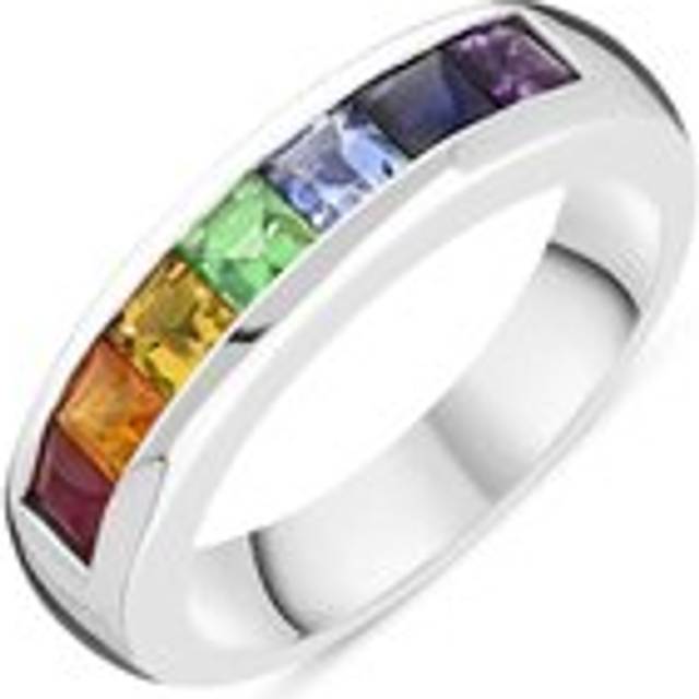 18ct White Gold Rainbow Mixed Stone Half Eternity Ring - White Gold