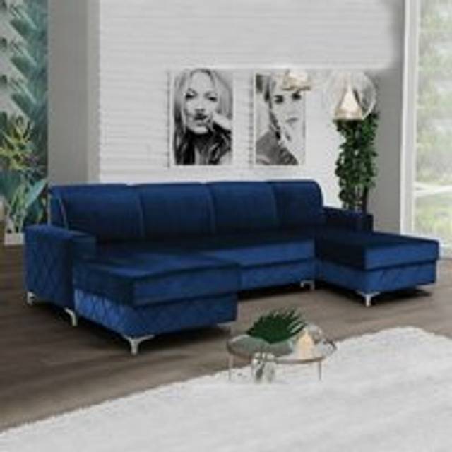 Antonio Plush Velvet Grey Corner Sofa Bed - Navy Large