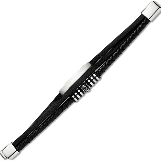 Jewelco London Mens Rhodium Plated Stainless Steel Black Leather ID Bracelet 13mm 8.5 inch - BRC172 - Silver