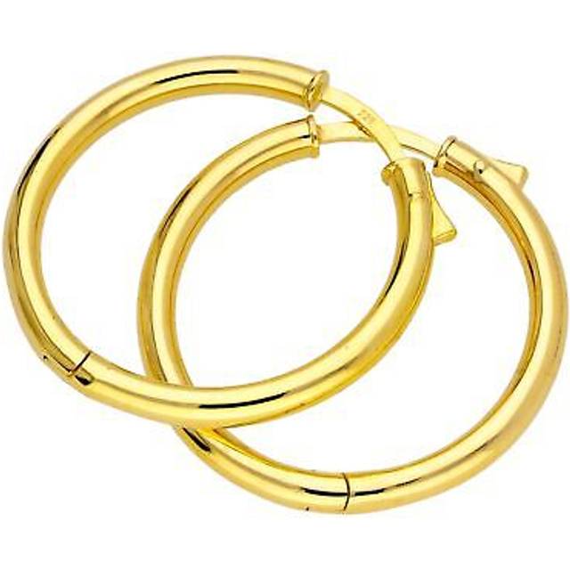 Gold plated sterling silver round tube push button 30mm hoop earrings