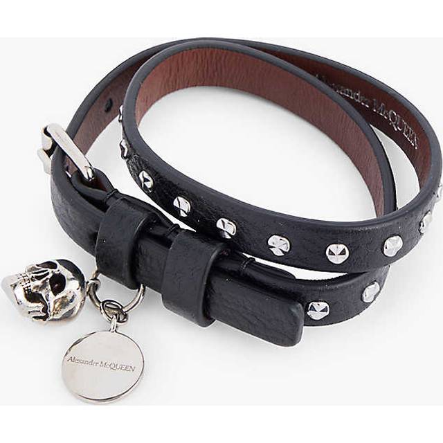 Alexander Mcqueen Mens Black Skull Double-wrap Leather Bracelet 44cm - BLACK