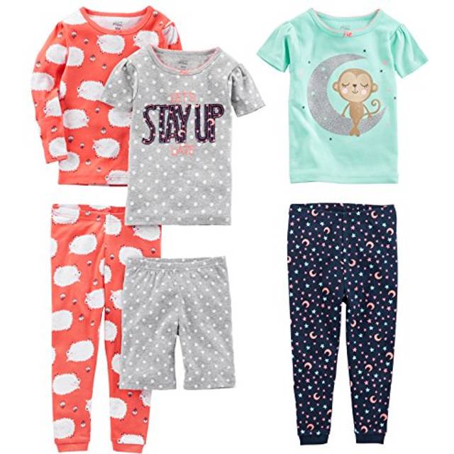 Simple Joys by Carter's Baby Girls' 6-Piece Snug Fit Cotton Pajama Set  Coral Orange Sheep/Green Monkey/Grey Dots/Navy Stars  6-9 Months