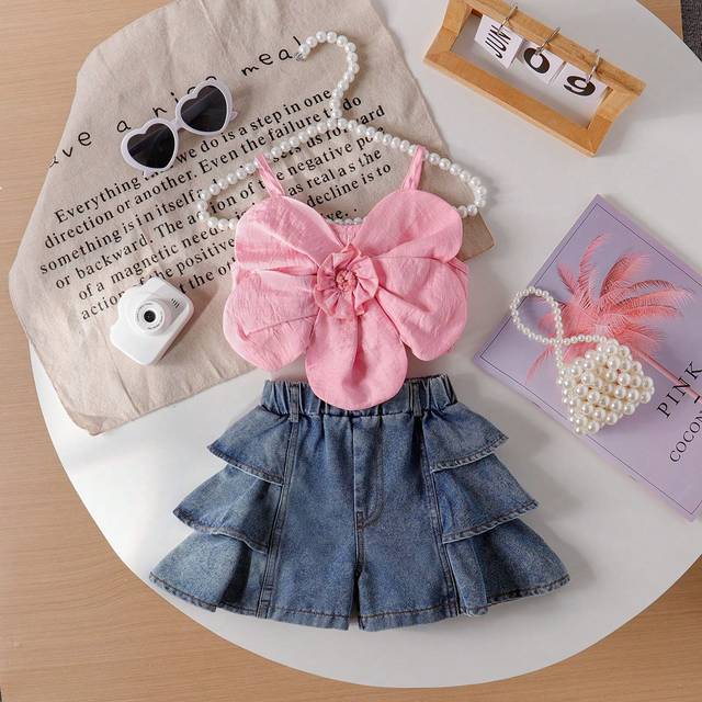SHEIN 2pcs Baby Girls&#39; Outfit Set With Large Flower Tank Top And Denim Shorts With Ruffle Trim, Fashionable For Summer