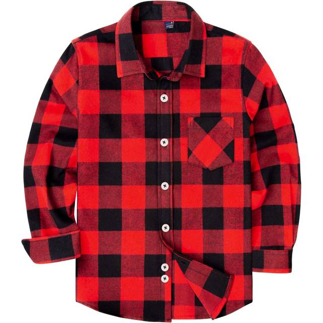 siliteelon Kids Boys Long Sleeve Button Down Flannel Buffalo Plaid Shirt with Single Pocket(A-Black Red Plaid, 18-24 Months)