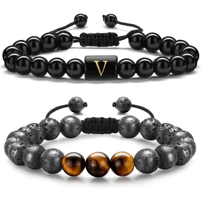 STORUP Mens Gifts Ideas Mens Bracelet  Natural Black Lava Rock Stone Mens Initial Obsdian Bracelets Gifts for Men Adjustable Bracelet Gifts for Men Wo
