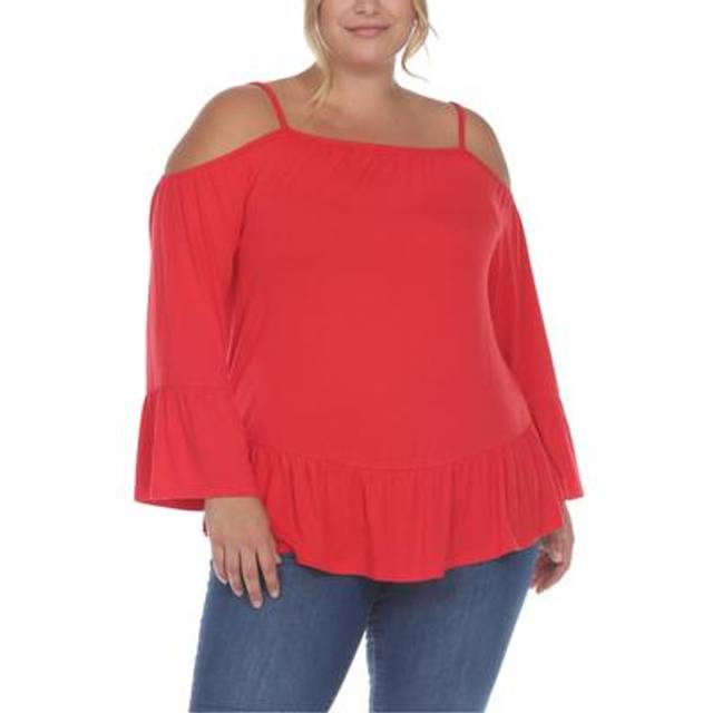 White Mark PS1352-04-1X Plus Size Cold Shoulder Ruffle Sleeve Top, Red - 1X