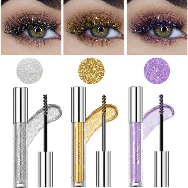 3PCS Glitter Mascara Eyeshadow,Lengthening Volumizing Colorful Mascara,Sparkling Diamonds Silver Diamond Mascara, Waterproof Colorful Lashes for