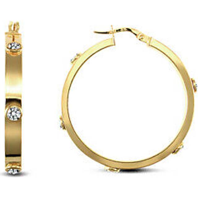Jewelco London Ladies 9ct Yellow Gold White Round Brilliant Cubic Zirconia Square Tube 4mm Hoop Earrings 32mm - JER725C